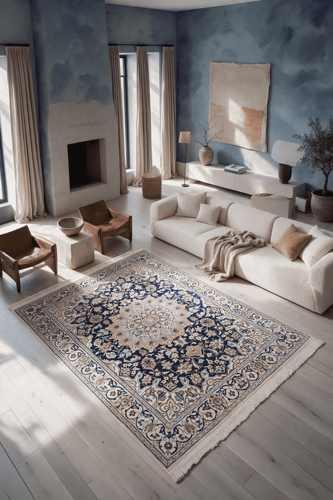 Medallion detail in navy on Persian Nain rug