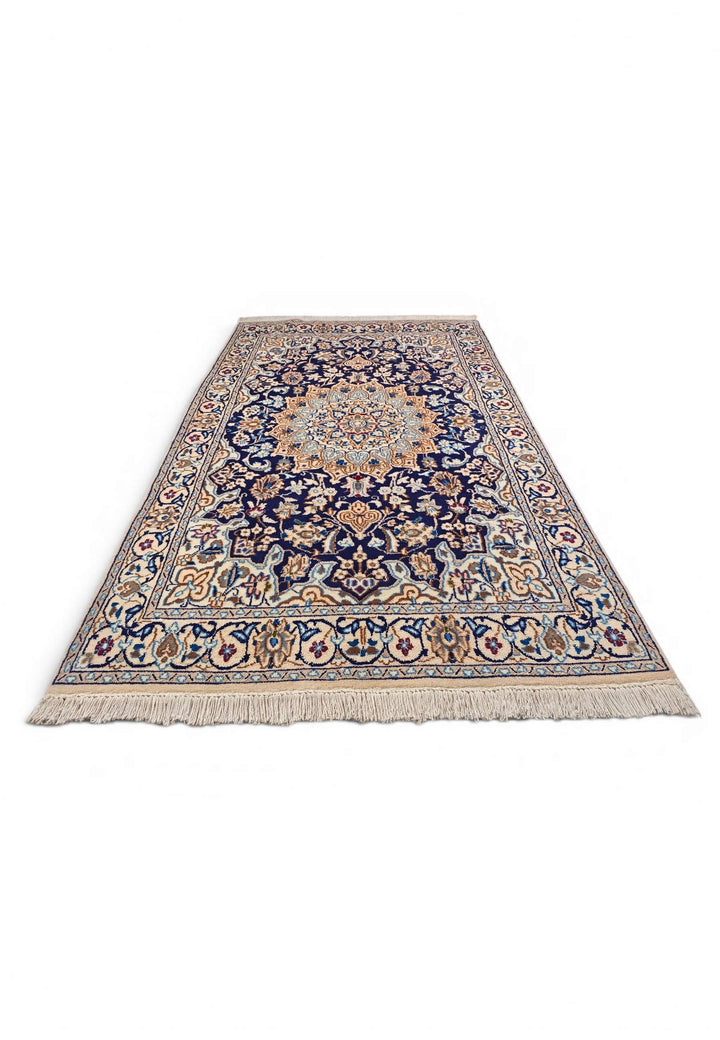 Hand-knotted wool pile of navy Nain rug, 119×200cm