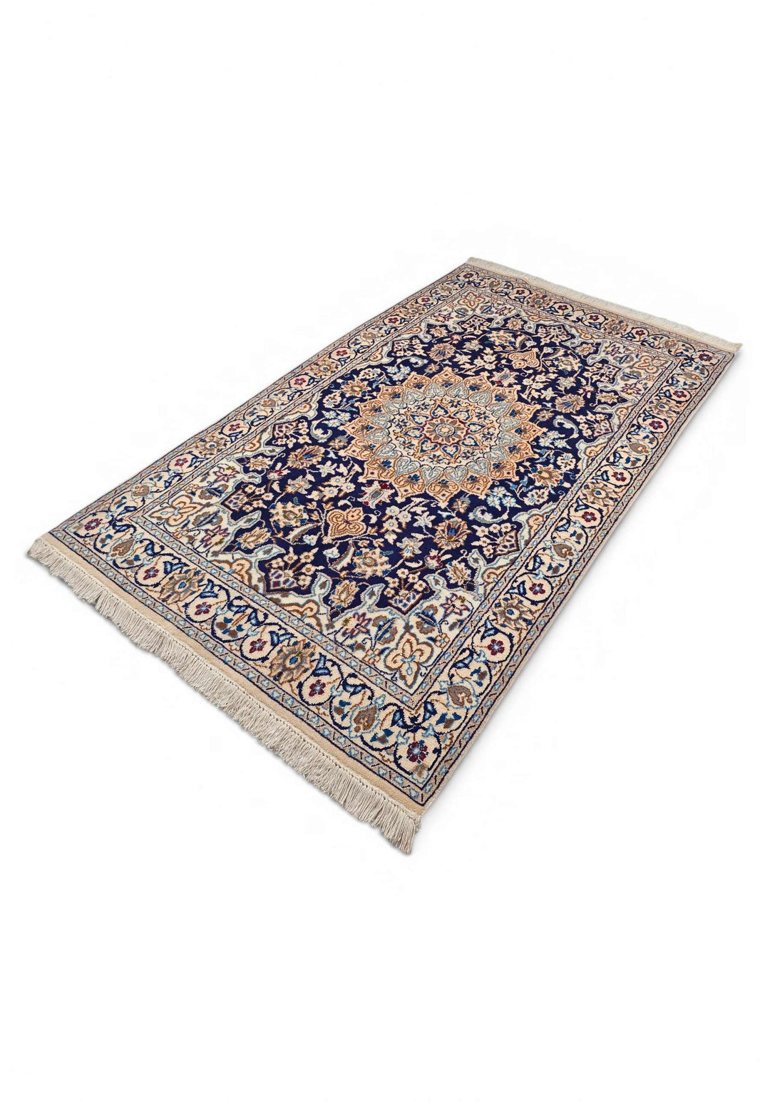 One-of-a-kind navy medallion Persian Nain rug