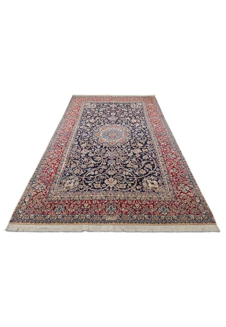 Hand-knotted wool pile of navy red Nain rug, 165×270cm