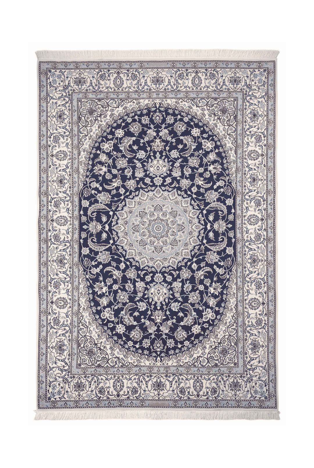Navy and ivory medallion Nain rug, 195×309cm, about 4.5 tatami