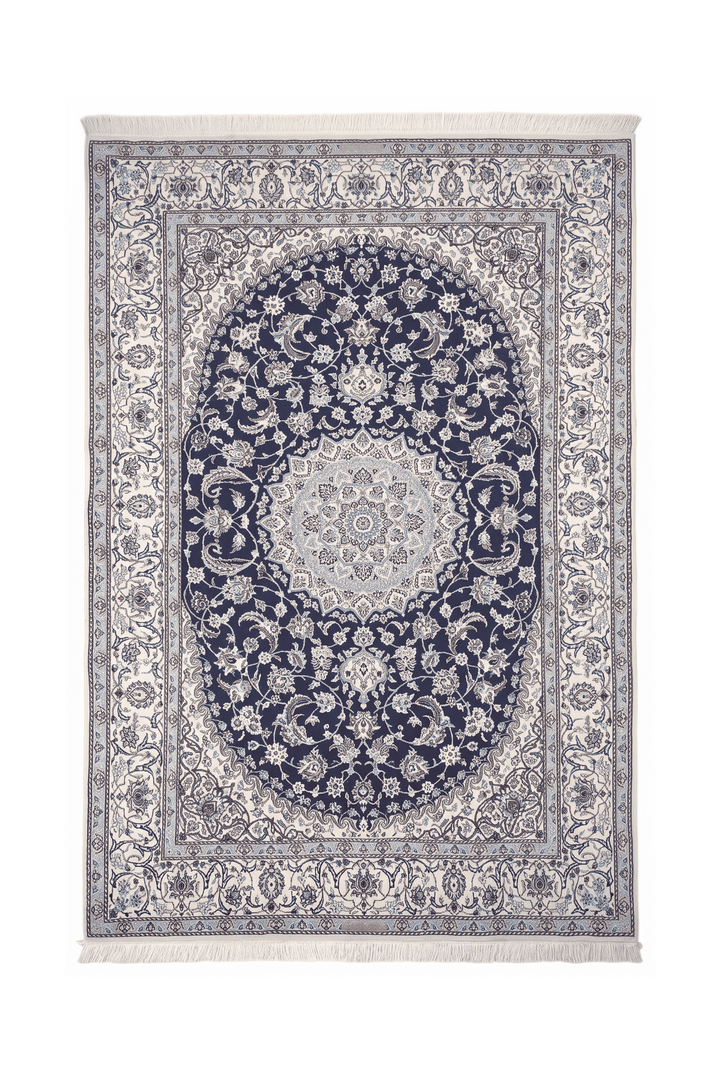 Navy and ivory medallion Nain rug, 195×309cm, about 4.5 tatami
