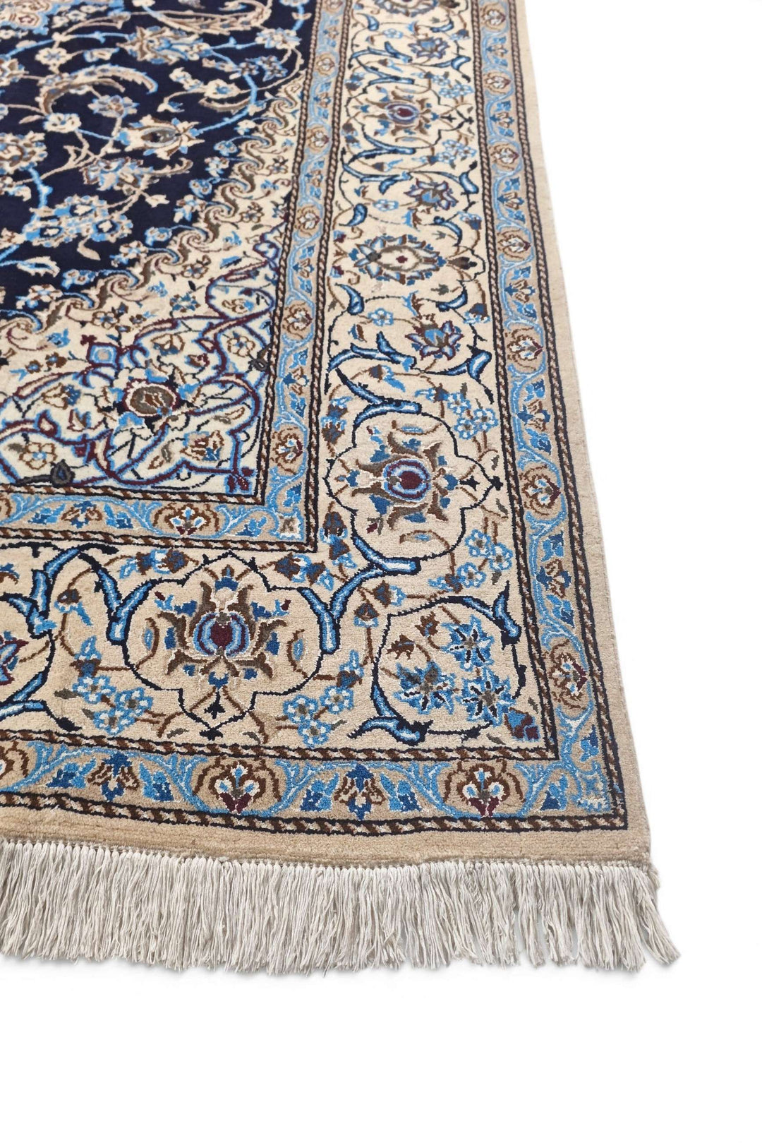 Navy ivory medallion Nain rug detail, Persian wool