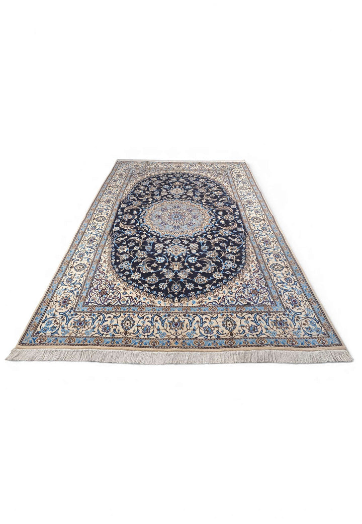 Hand-knotted wool pile of navy ivory Nain rug, 195×309cm