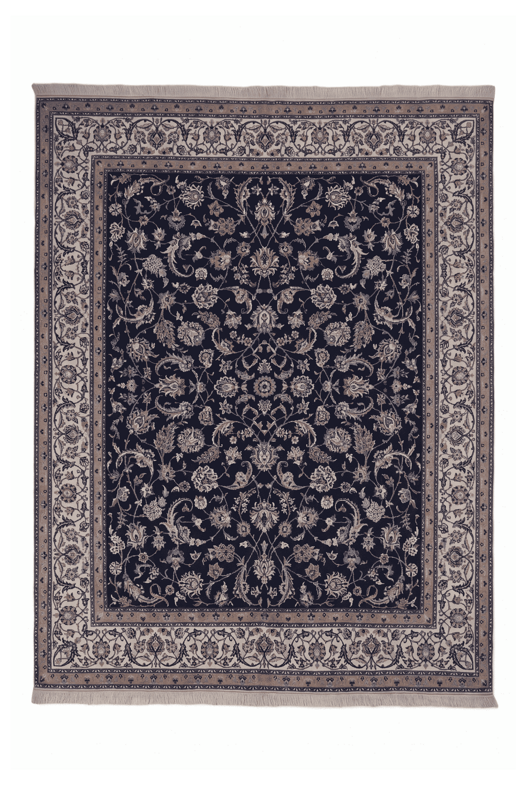 Navy and ivory all-over arabesque Nain rug, 203×256cm, 4.5 tatami
