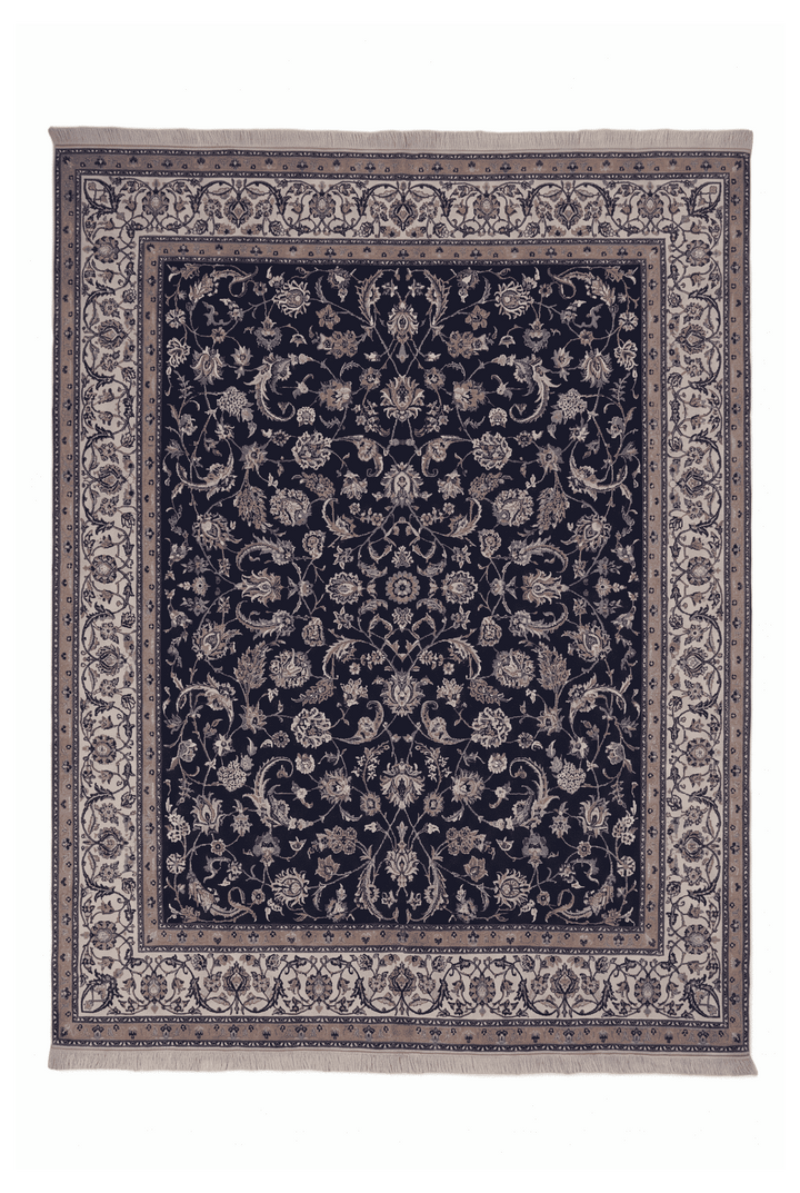 Navy and ivory all-over arabesque Nain rug, 203×256cm, 4.5 tatami