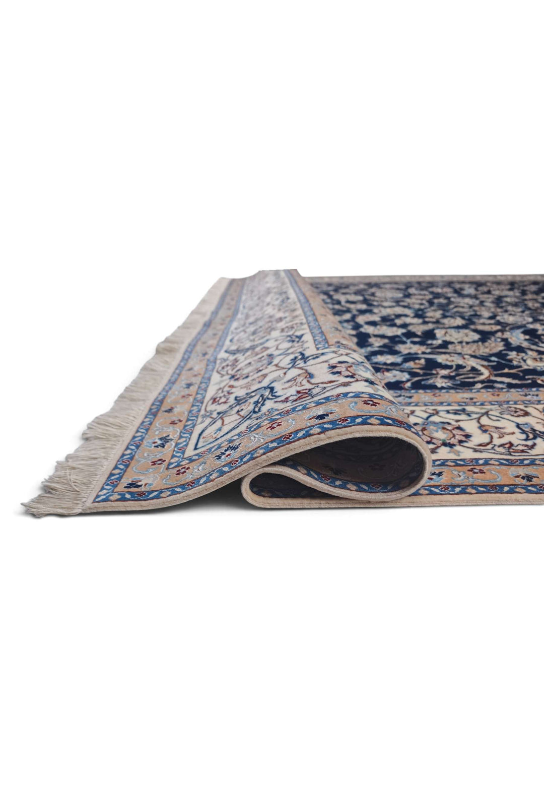 Fringe of navy and ivory arabesque Persian Nain rug
