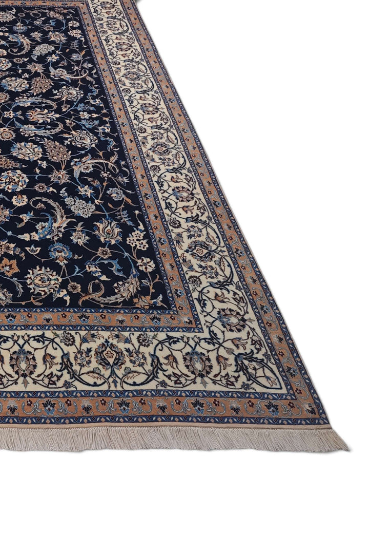 Navy ivory arabesque Nain Persian rug, hand-knotted