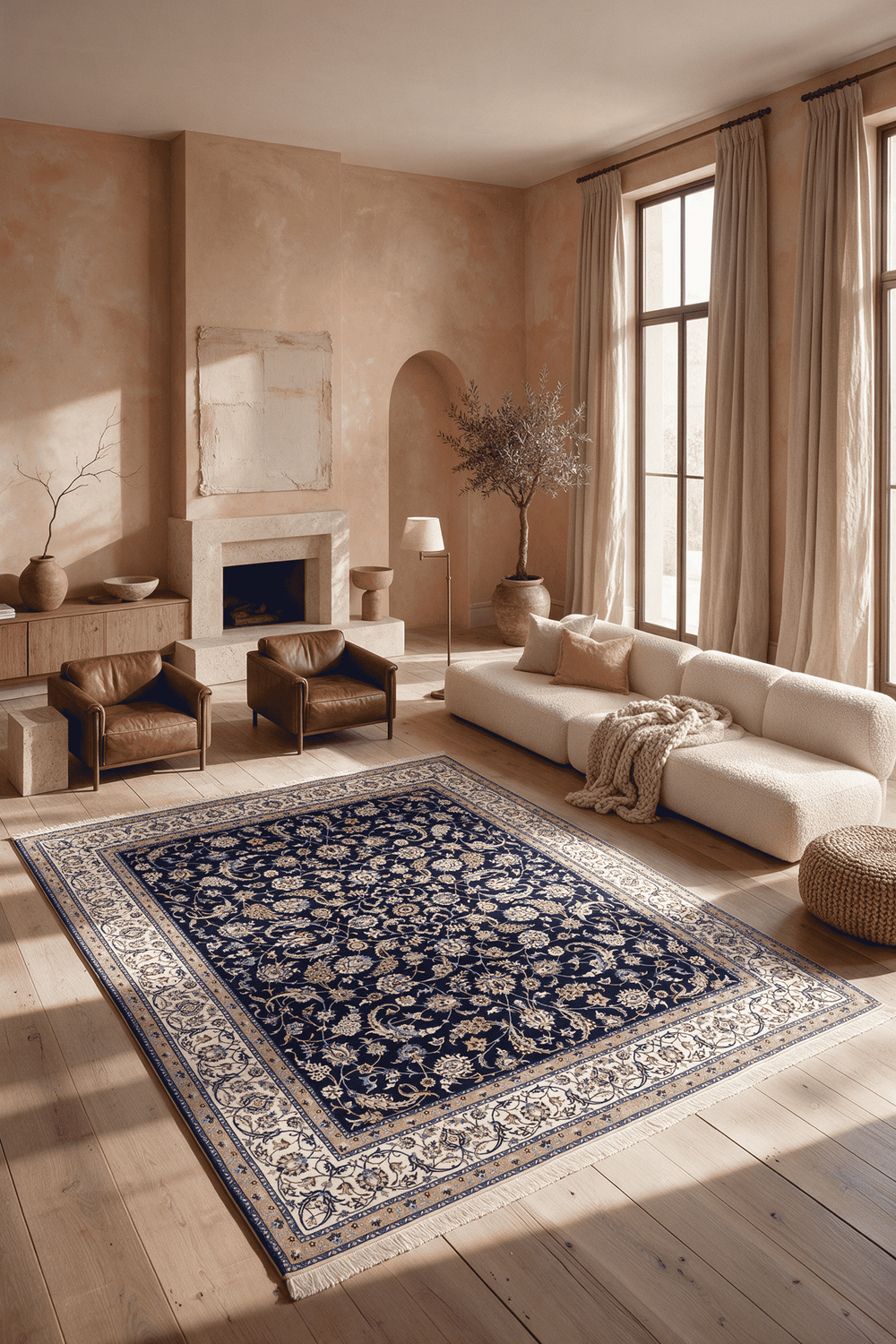 Arabesque field detail in navy and ivory on Persian Nain rug