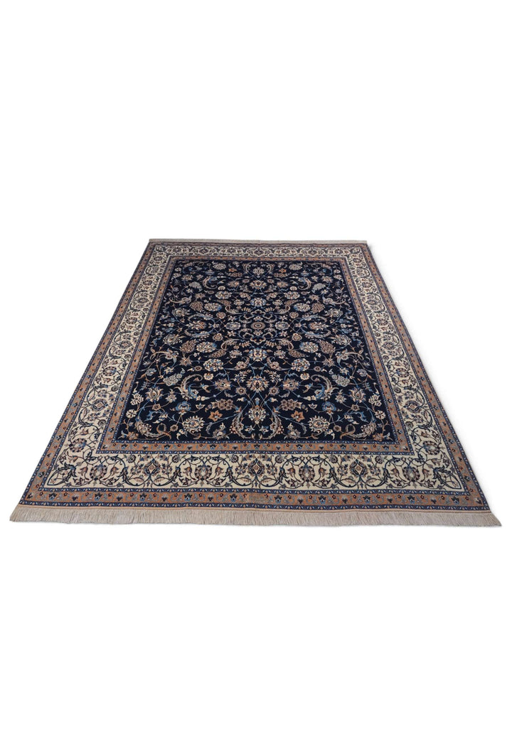 Hand-knotted wool pile of navy ivory Nain rug, 203×256cm
