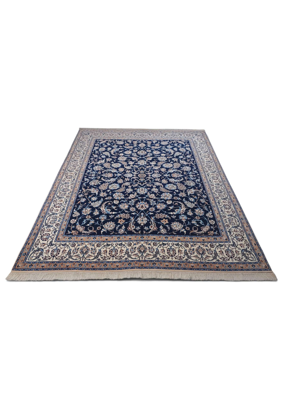 Navy ivory arabesque Nain rug 203×256cm, Persian craftsmanship