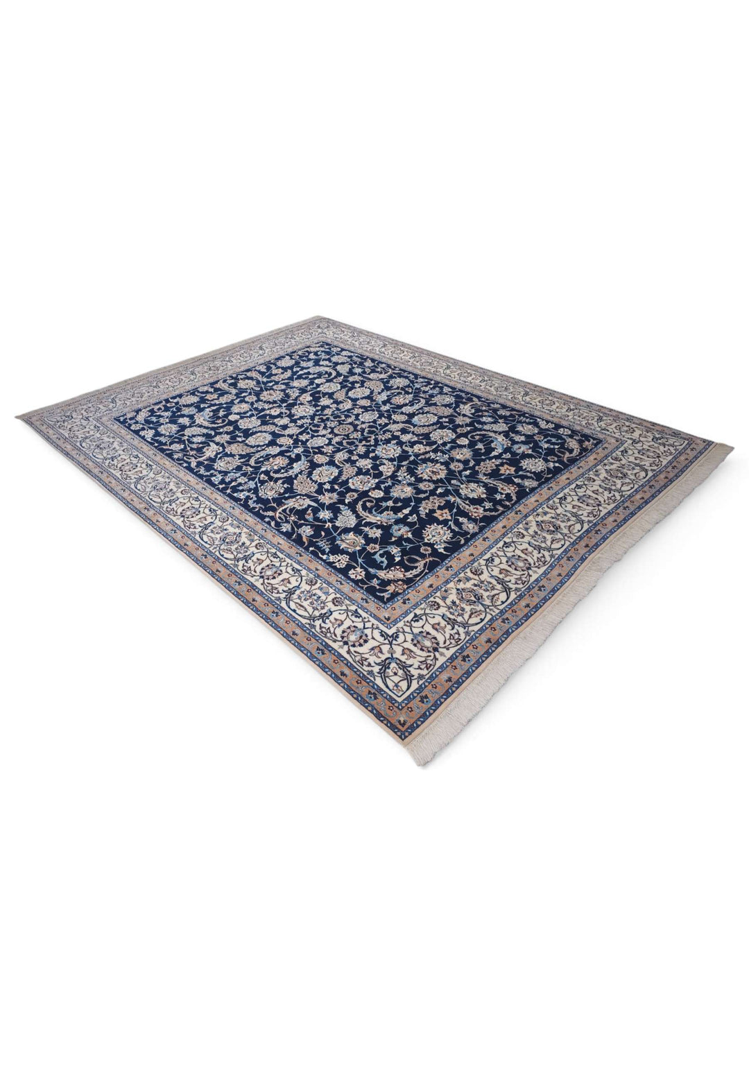 Corner of navy ivory arabesque Nain rug
