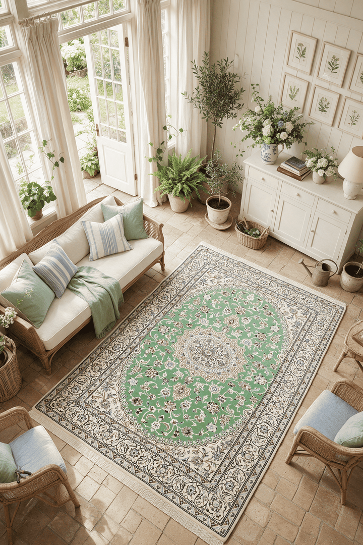 Medallion detail in pistachio green on Persian Nain rug