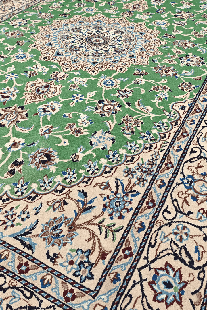 Border detail of pistachio Nain hand-knotted rug