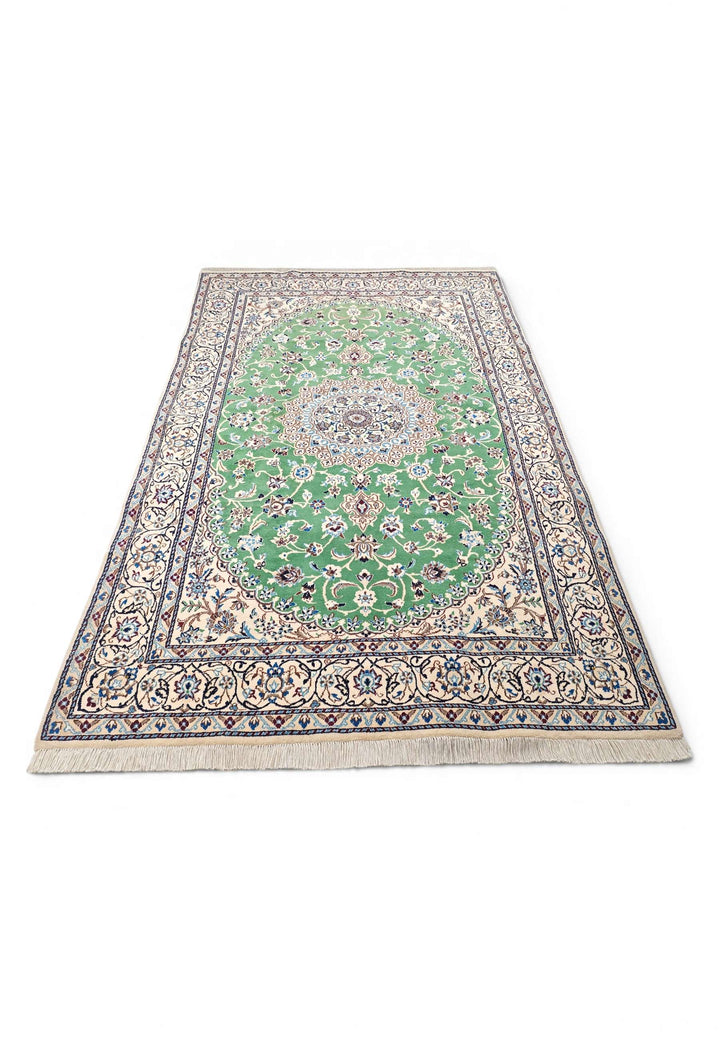 Hand-knotted wool pile of pistachio Nain rug, 146×247cm