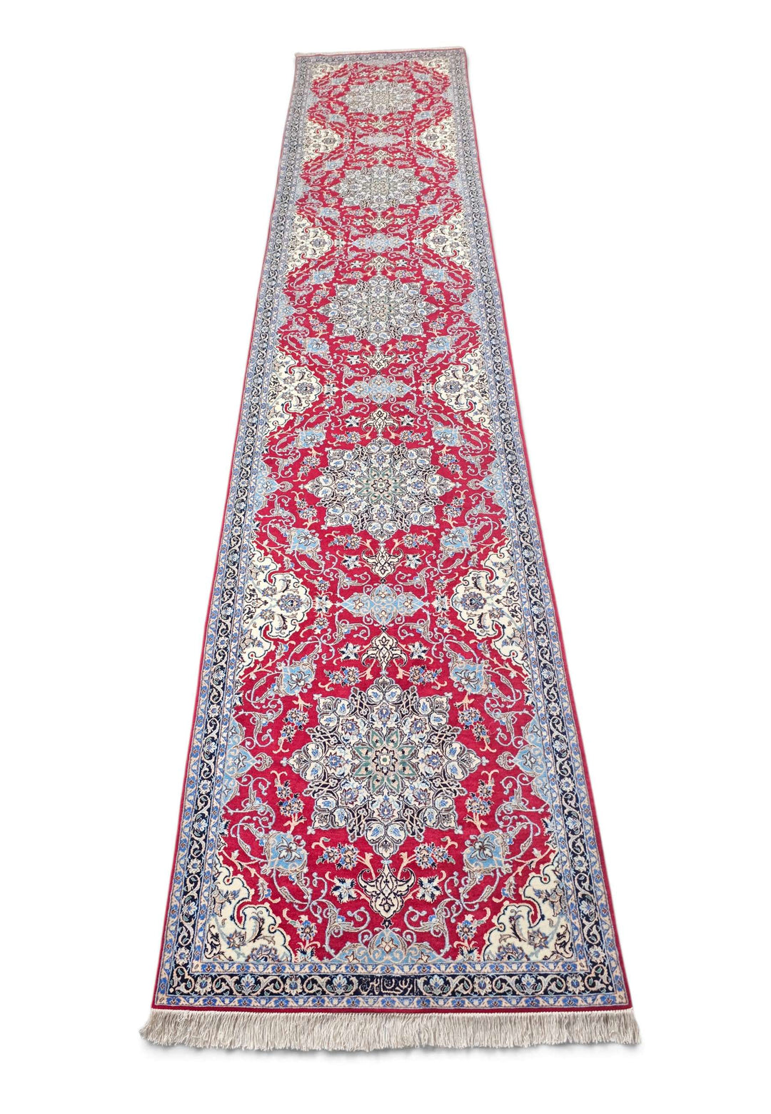 Border detail of red navy Nain hand-knotted runner