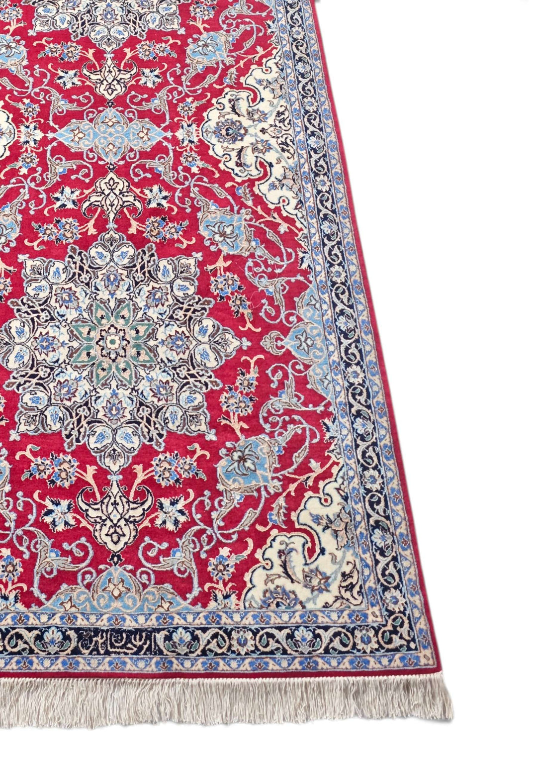 Corner of red navy Nain hand-knotted runner