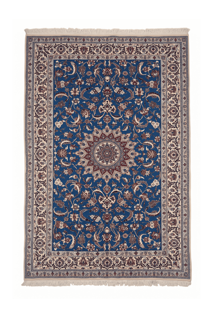 Cobalt blue and ivory medallion Nain rug, 155×255cm, 2 tatami