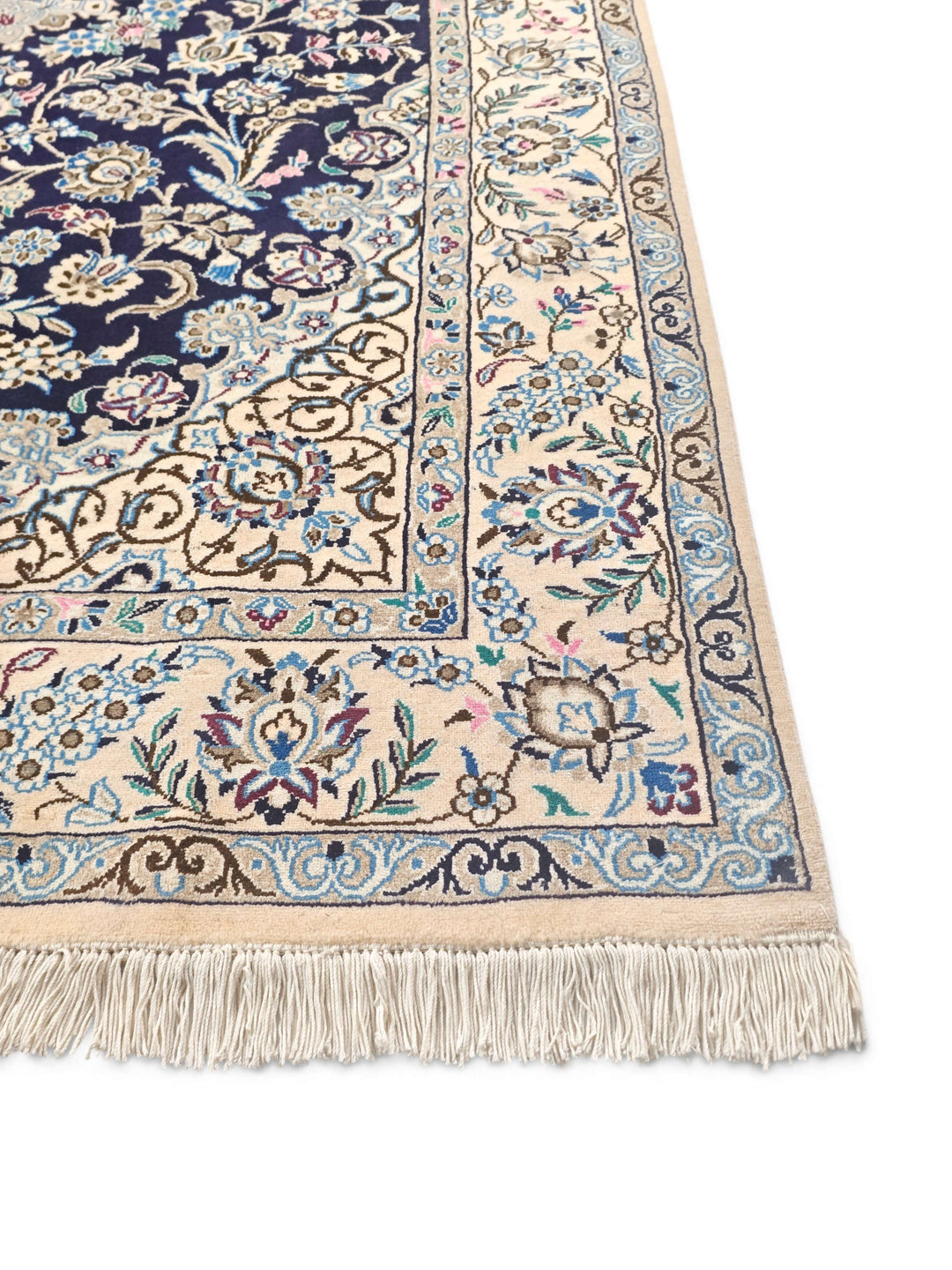 Royal blue medallion Nain rug detail, Persian wool