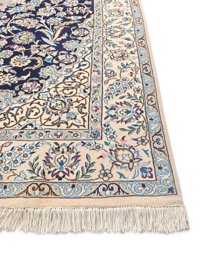 Royal blue medallion Nain rug detail, Persian wool