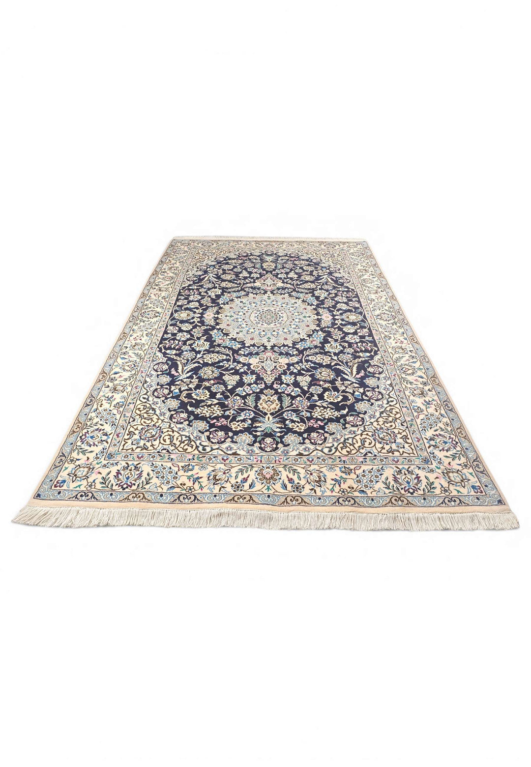 Hand-knotted wool pile of royal blue Nain rug, 196×304cm