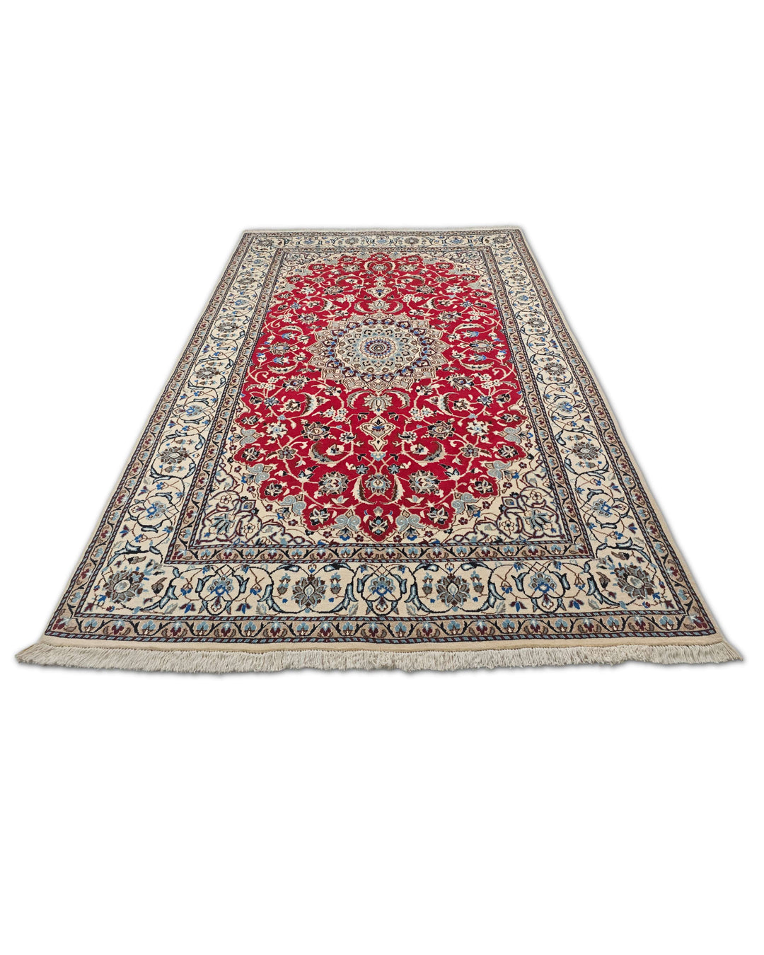 Border detail of red ivory Nain hand-knotted rug