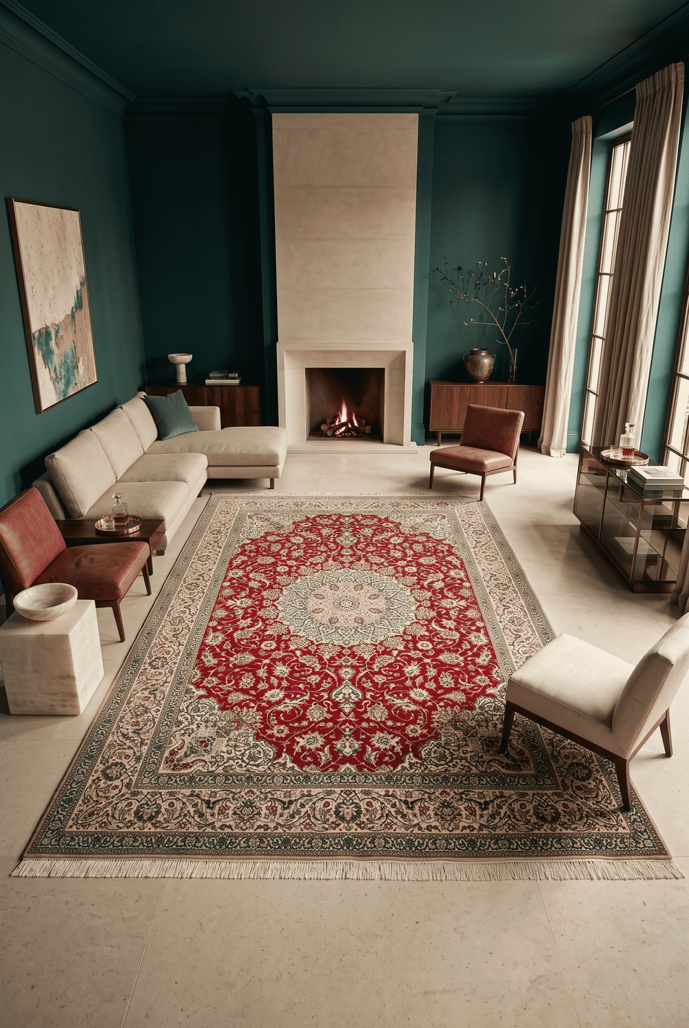 Shesh La medallion detail in red and cream on Nain rug