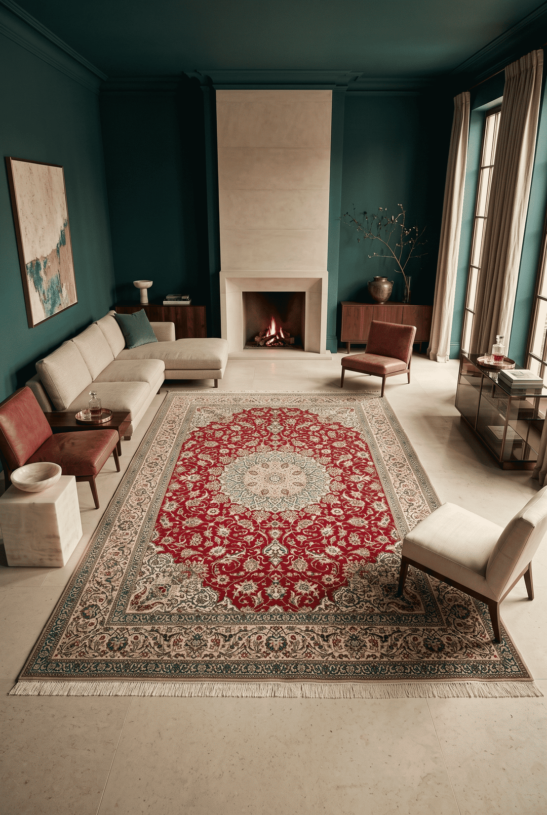 Shesh La medallion detail in red and cream on Nain rug