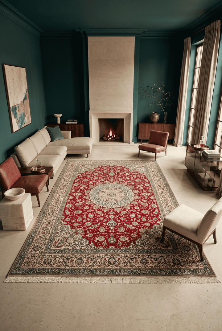 Shesh La medallion detail in red and cream on Nain rug