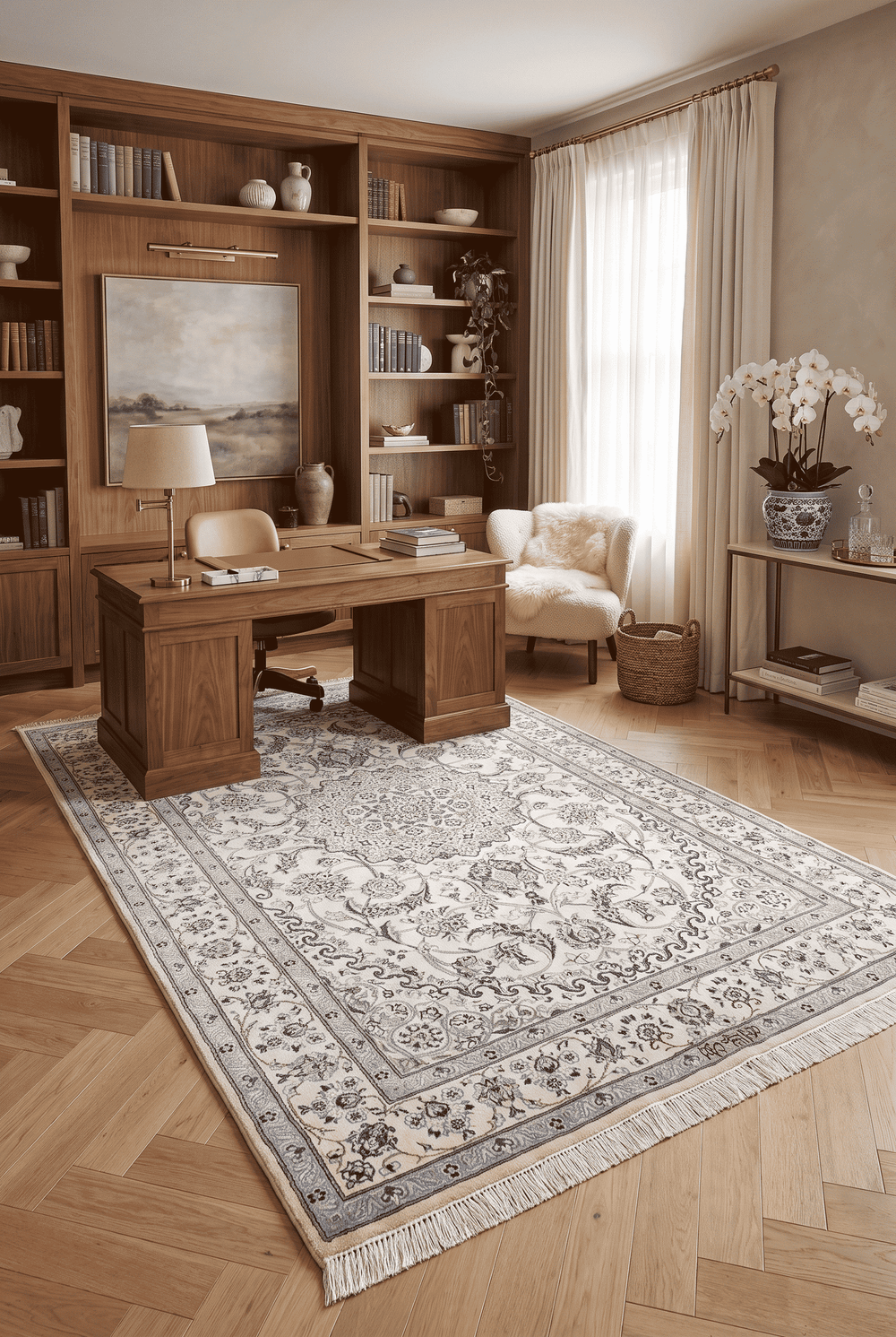 Medallion detail in ivory and blue on Persian Nain rug