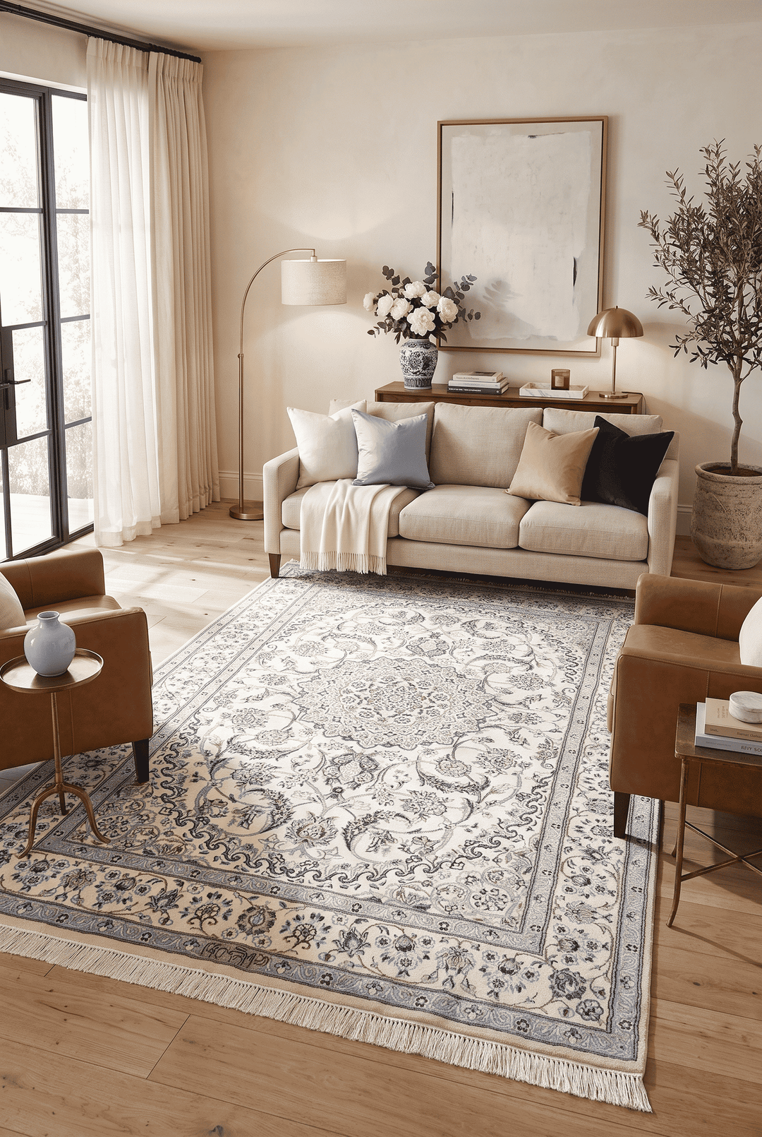 Border detail of ivory blue Nain hand-knotted rug