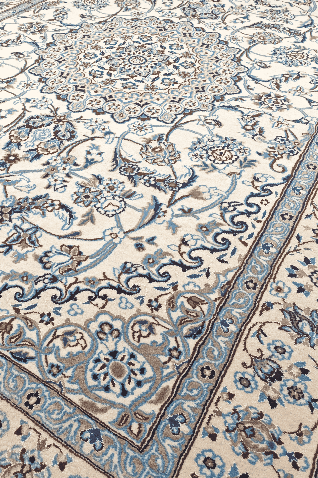 Hand-knotted wool pile of ivory blue Nain rug, 199×295cm