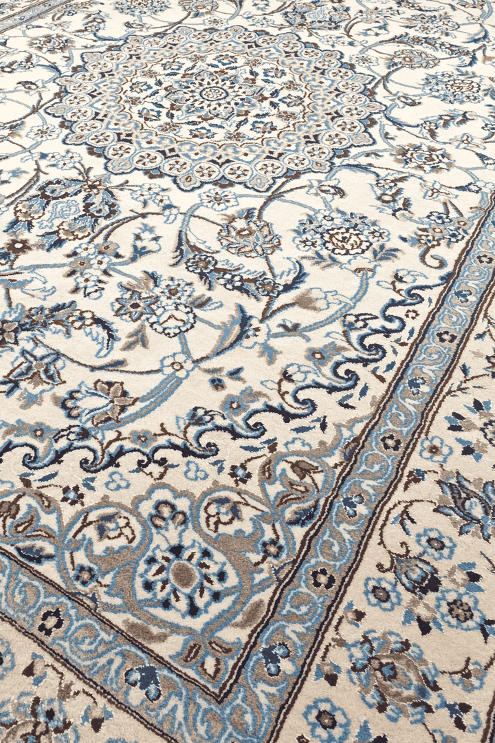 Hand-knotted wool pile of ivory blue Nain rug, 199×295cm