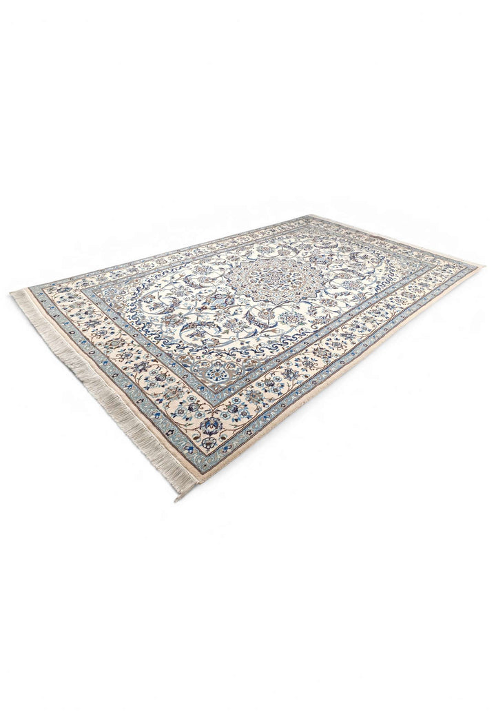 One-of-a-kind ivory and blue medallion Persian Nain rug