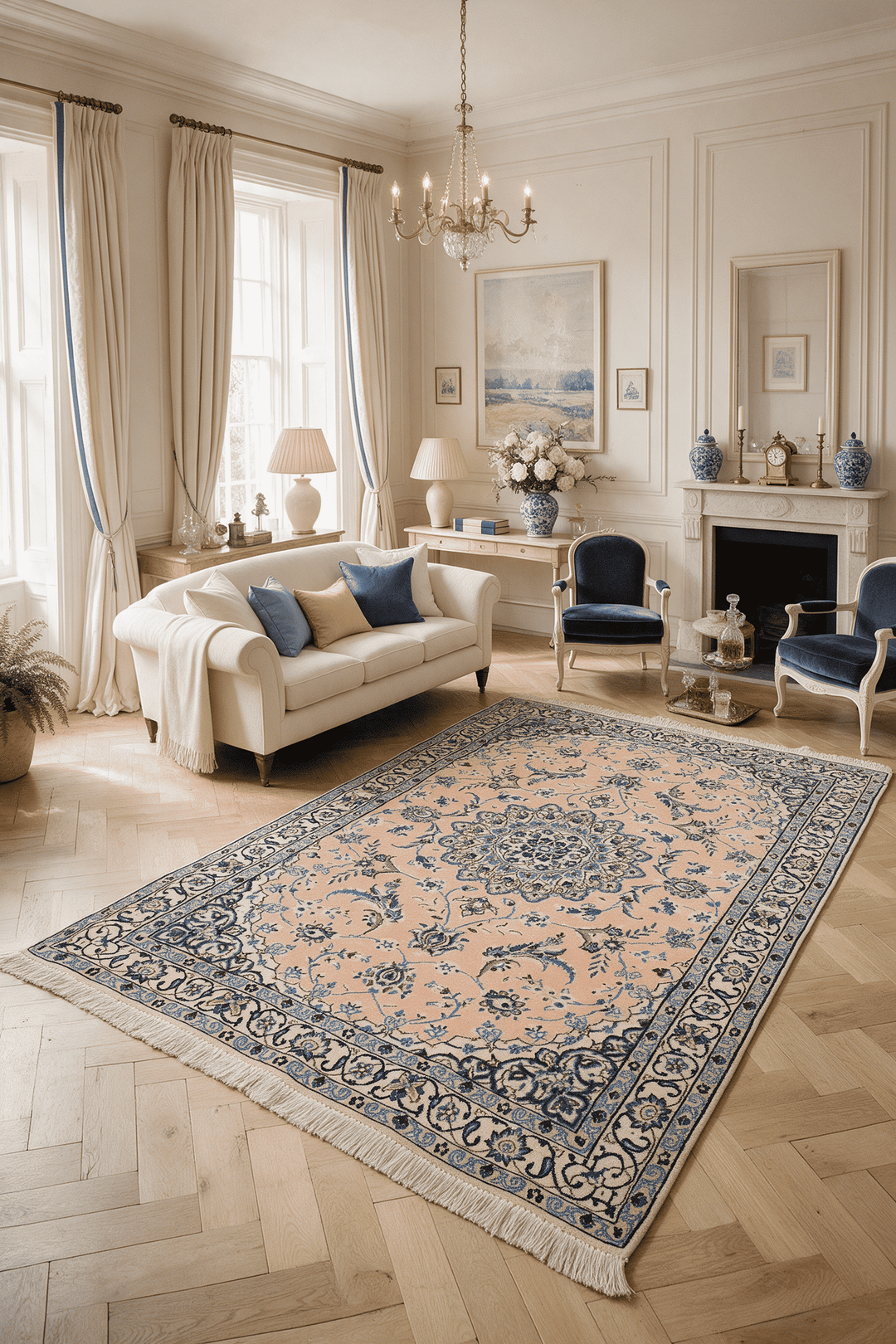 Medallion detail in peach on Persian Nain rug