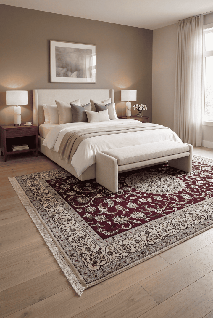 Border detail of wine red Nain hand-knotted rug