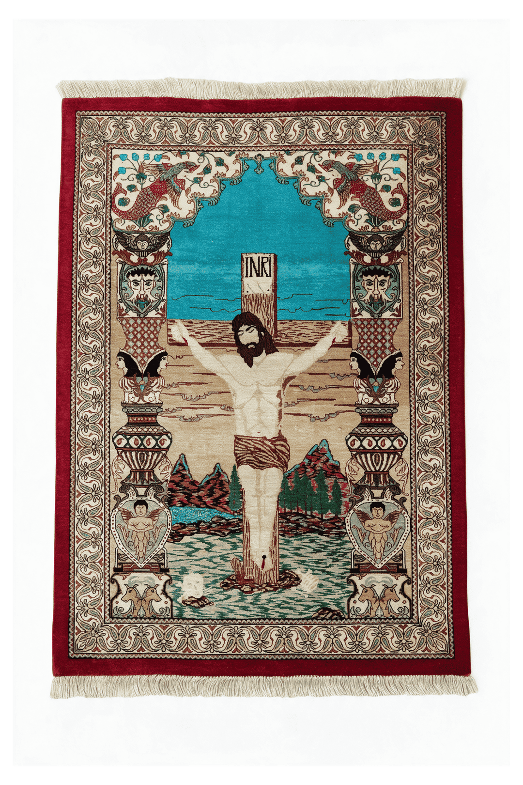 Beige Persian Qum Silk Rug, pictorial design, hand-knotted, 56×80cm