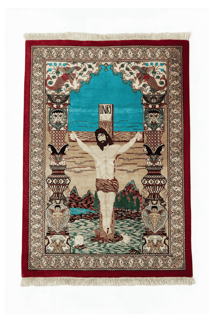 Beige Persian Qum Silk Rug, pictorial design, hand-knotted, 56×80cm