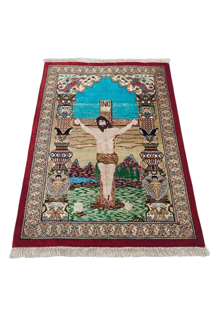 Beige Persian Qum Silk Rug, hand-knotted, 56×80cm, photo 3