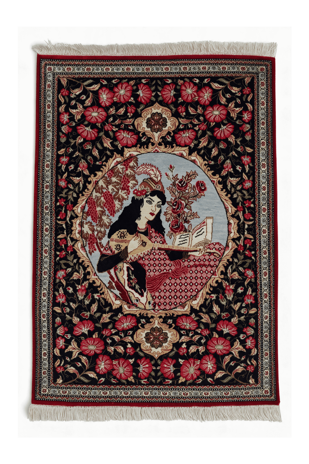 Black Persian Qum Silk Rug, pictorial design, hand-knotted, 55×77cm