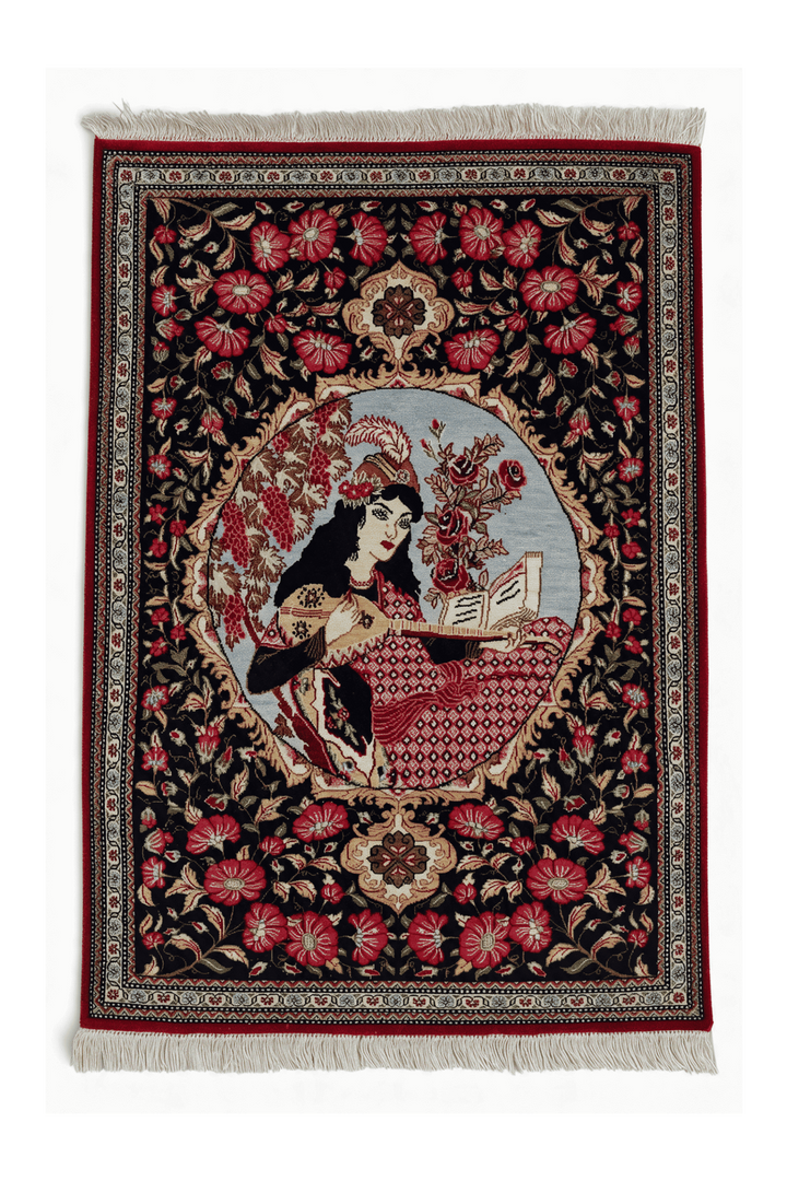 Black Persian Qum Silk Rug, pictorial design, hand-knotted, 55×77cm