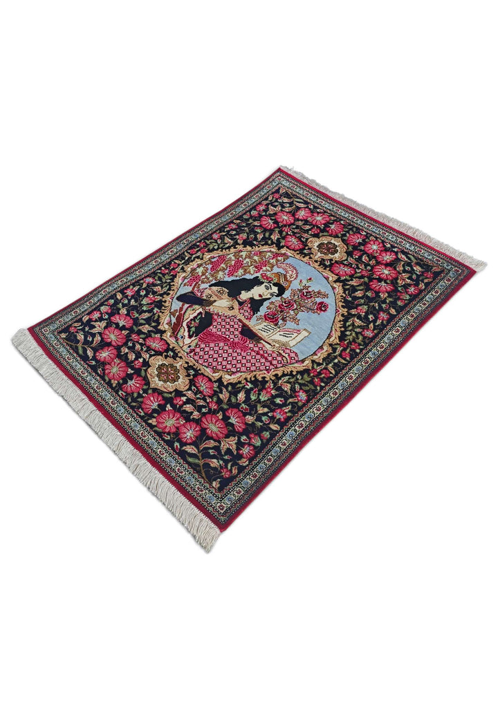 Black Persian Qum Silk Rug, hand-knotted, 55×77cm, photo 4