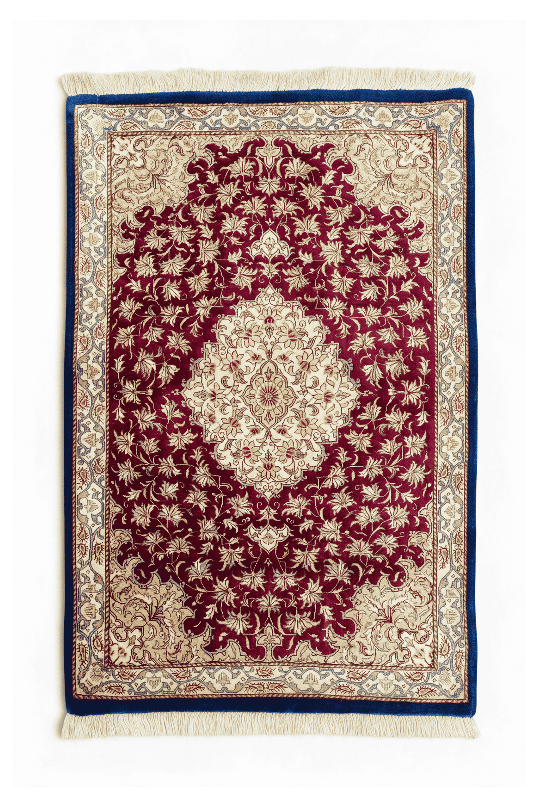 Burgundy Persian Qum Silk Rug, medallion design, hand-knotted, 59×78cm