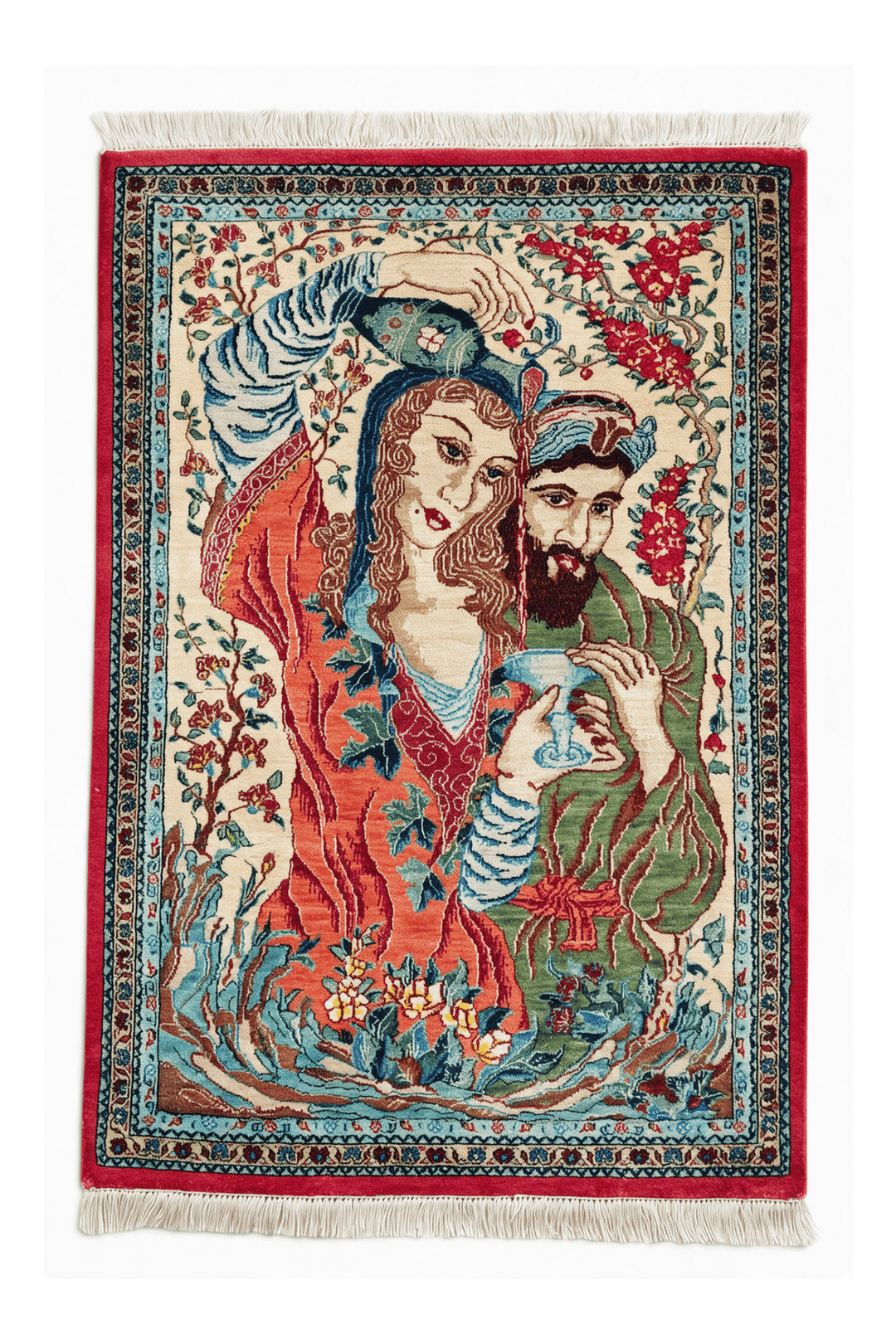 Cream Persian Qum Silk Rug, pictorial design, hand-knotted, 55×76cm