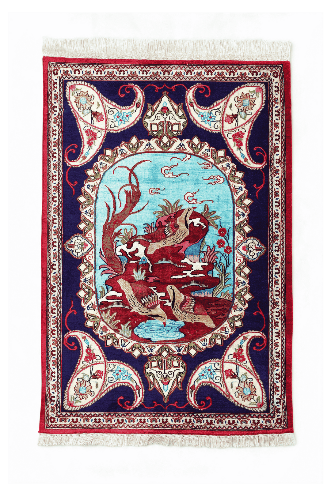 Deep Violet Persian Qum Silk Rug, pictorial design, hand-knotted, 57×77cm
