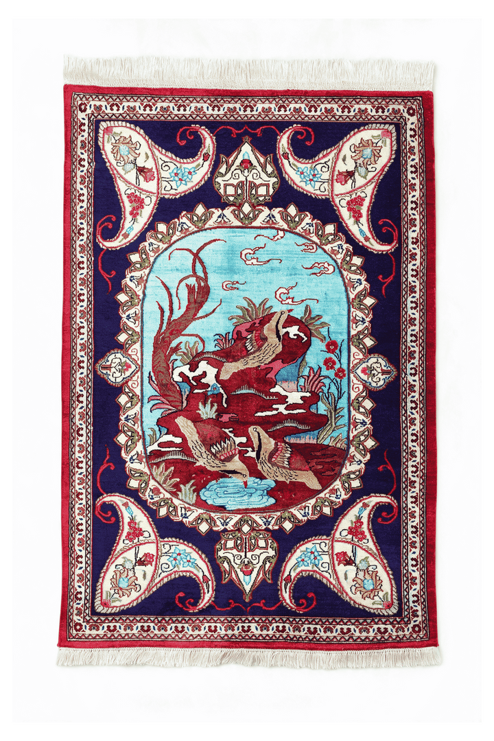 Deep Violet Persian Qum Silk Rug, pictorial design, hand-knotted, 57×77cm