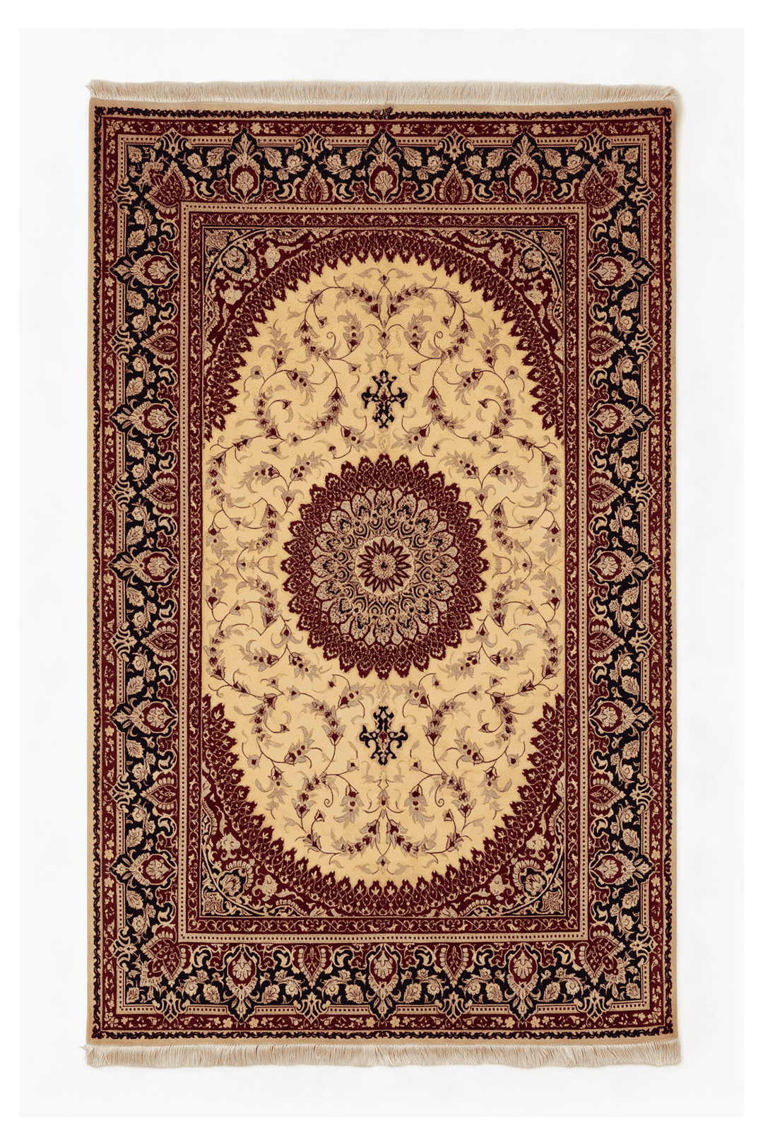 Gold Persian Qum Silk Rug, medallion design, hand-knotted, 98×150cm