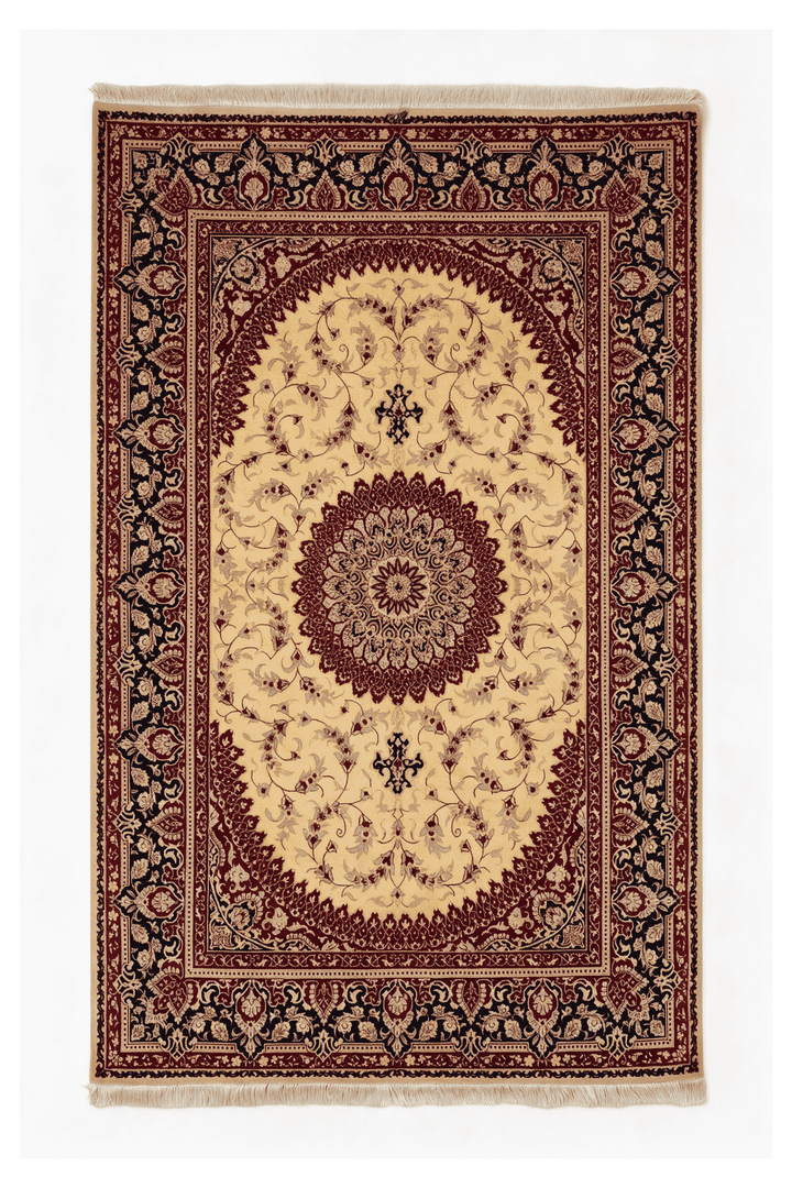 Gold Persian Qum Silk Rug, medallion design, hand-knotted, 98×150cm