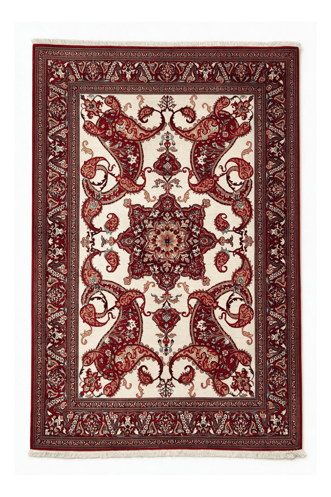Ivory Persian Qum Silk Rug, medallion design, hand-knotted, 100×147cm