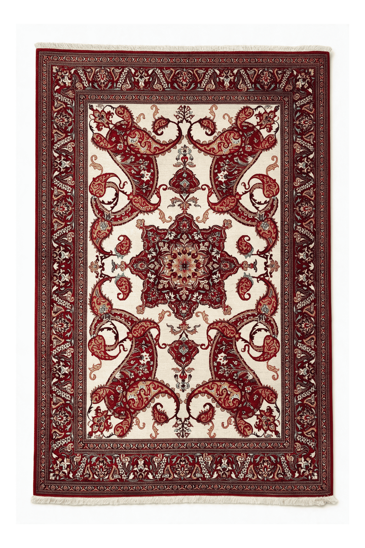 Ivory Persian Qum Silk Rug, medallion design, hand-knotted, 100×147cm